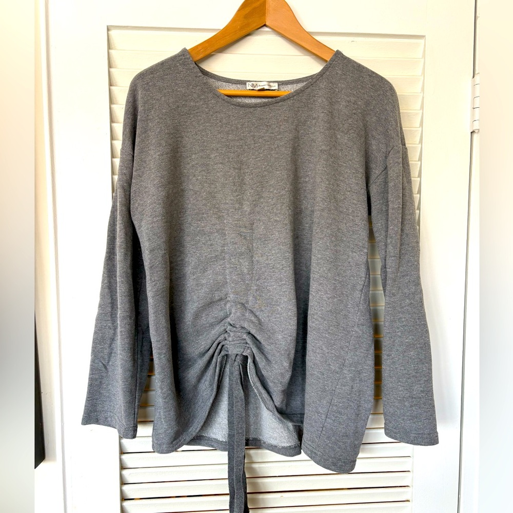 Neiman Marcus French terry sweatshirt, grey with adjustable front tie, L.